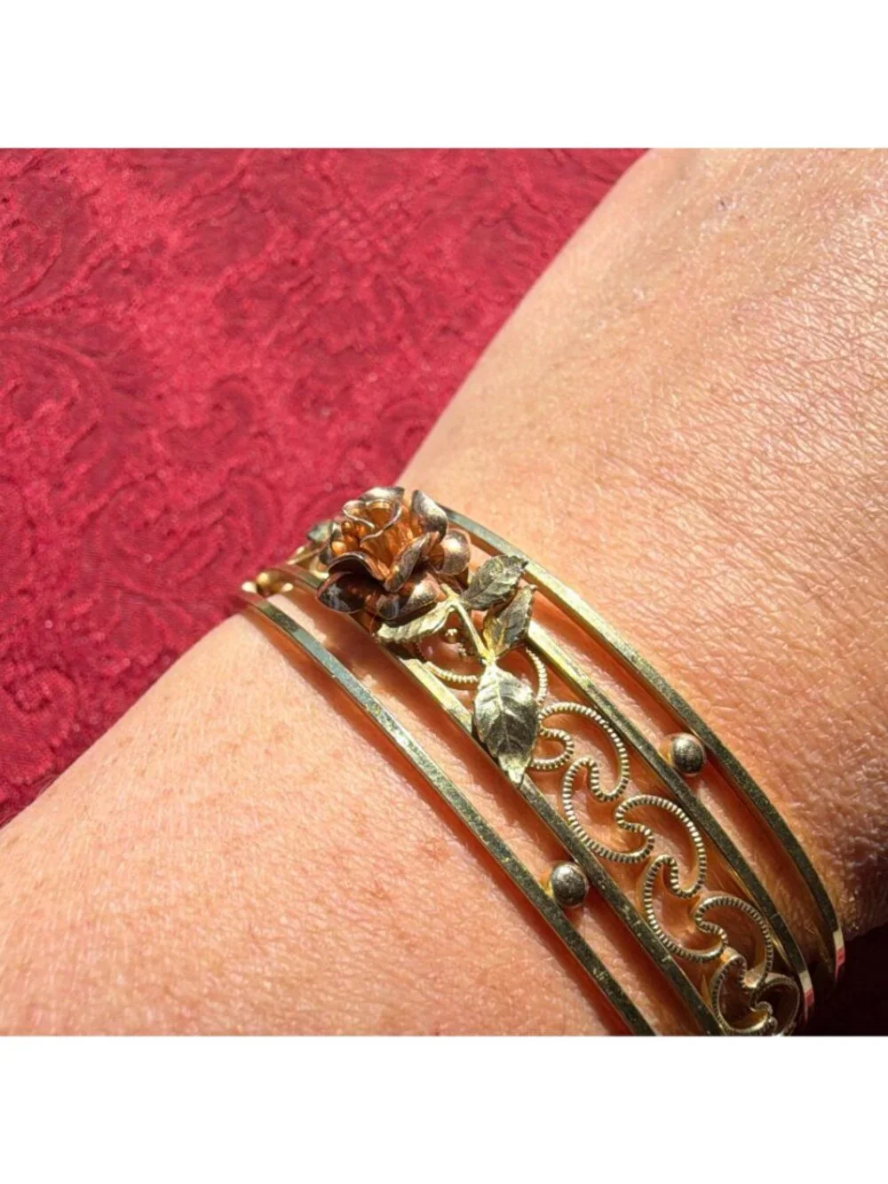 Vintage Krementz Floral Rose Cuff Bracelet Mid Century Romantic Filigree Scroll